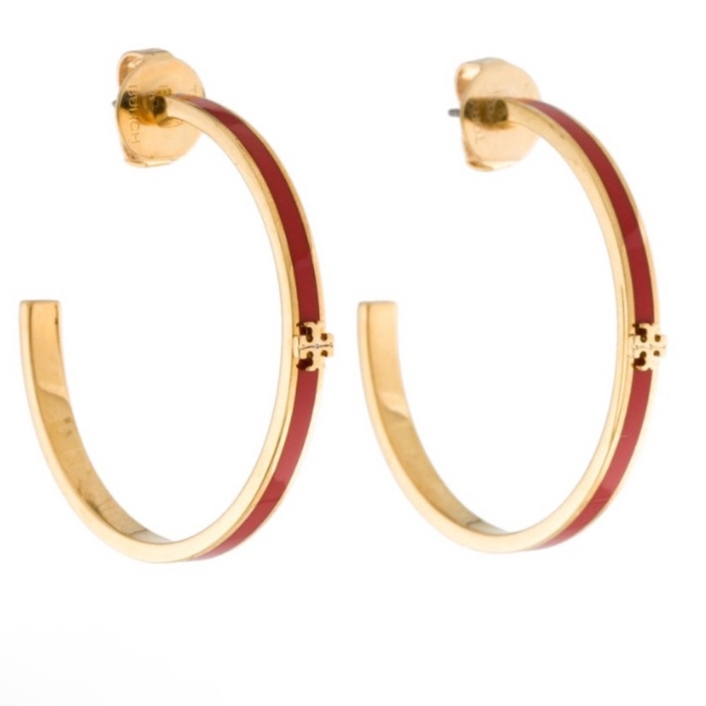 Tory Burch Kira Red Gold Enamel hoops NEW $129
